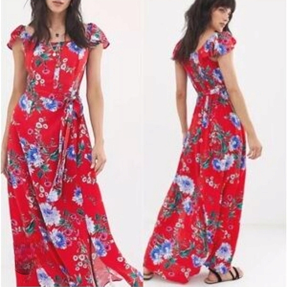 Band of Gypsies Red Wrap Tie Front Maxi Dress Floral Print Size Small - Picture 1 of 8